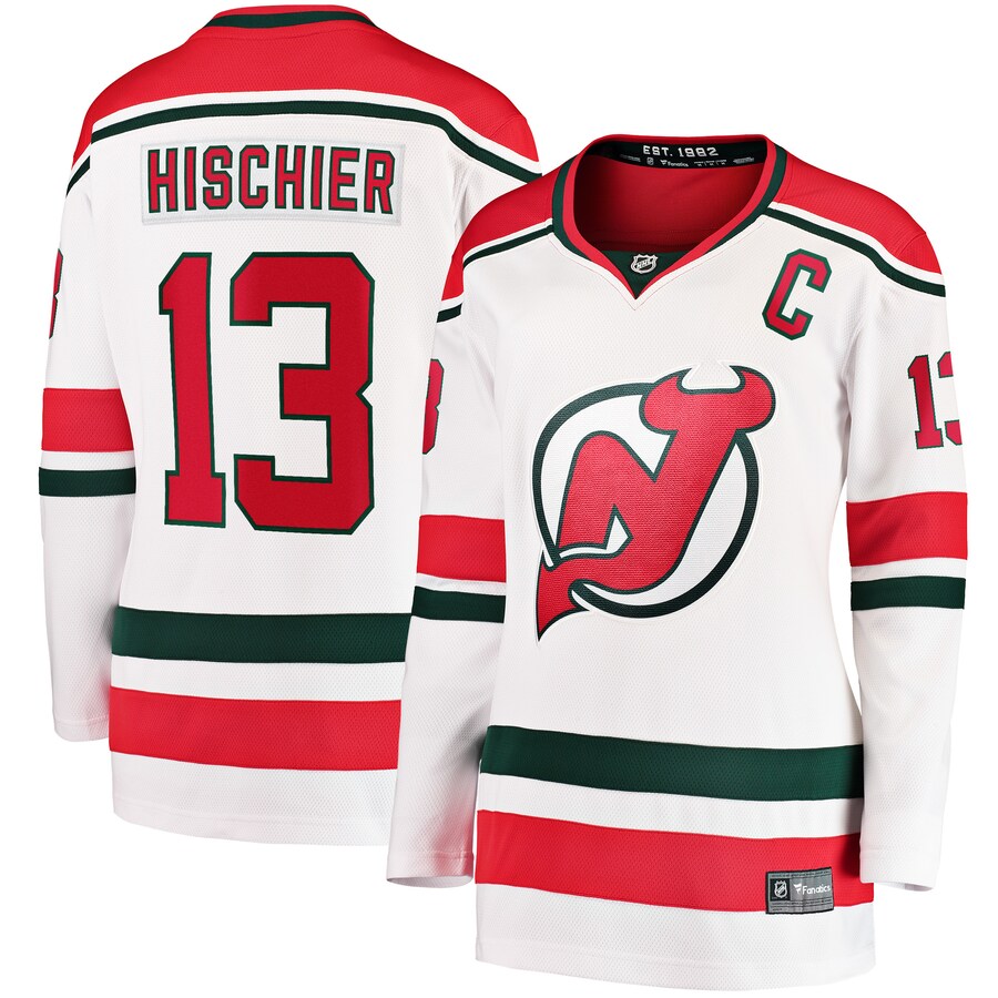Women's New Jersey Devils Nico Hischier Fanatics Branded White 2022/23 Heritage Premier Breakaway Jersey - ujerseystore