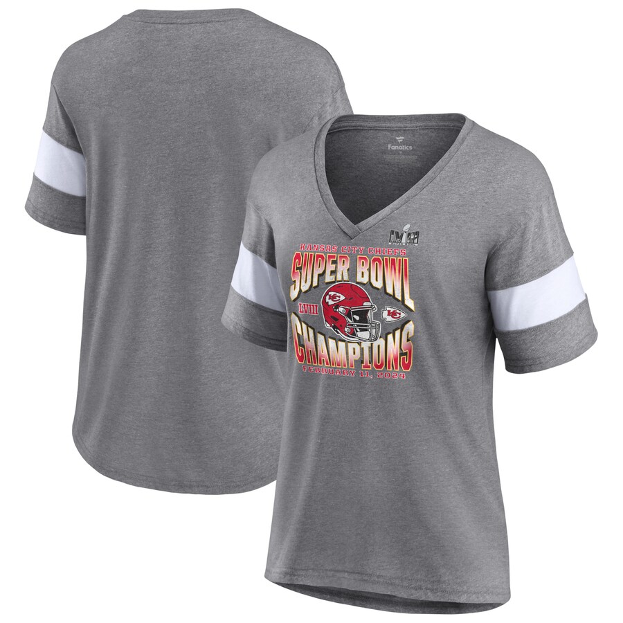 Women's Kansas City Chiefs  Fanatics Heather Gray Super Bowl LVIII Champions Own the Moment Lightweight Tri-Blend V-Neck T-Shirt - ujerseystore