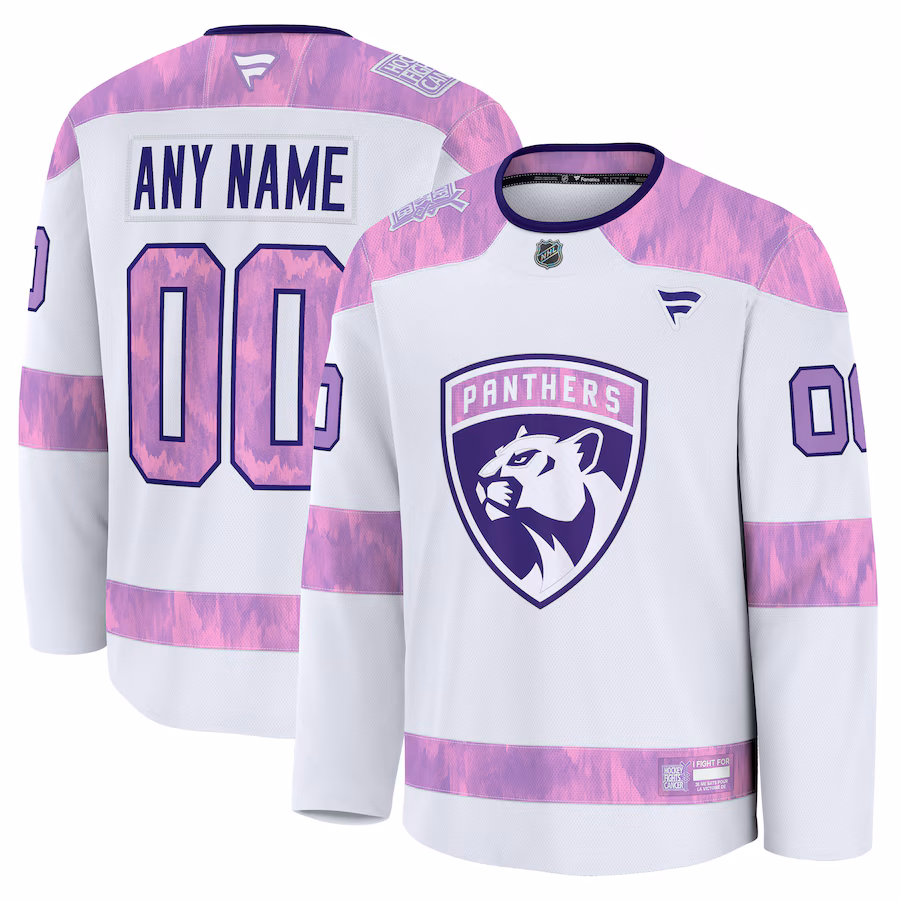 Men's Florida Panthers Fanatics White 2024 Hockey Fights Cancer Custom Practice Jersey - ujerseystore