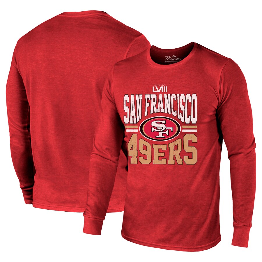 Men's San Francisco 49ers Majestic Threads Scarlet Super Bowl LVIII Tri-Blend Long Sleeve T-Shirt - ujerseystore