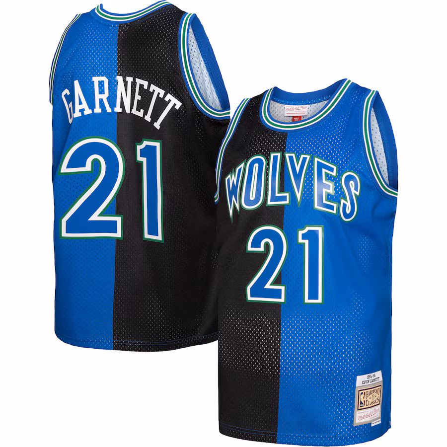 Men's Minnesota Timberwolves Kevin Garnett Mitchell & Ness Black/Blue Hardwood Classics 1995/96 Split Swingman Jersey - ujerseystore