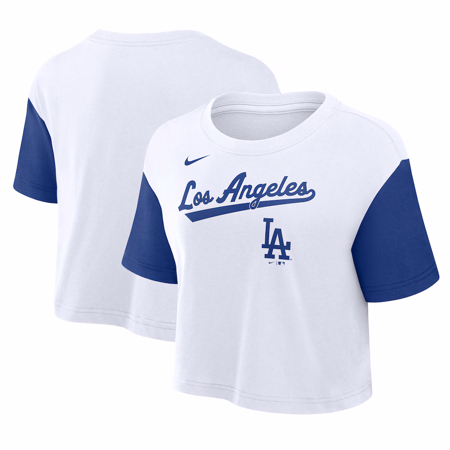 Women's Los Angeles Dodgers Nike White/Royal Script Cropped Performance T-Shirt - ujerseystore