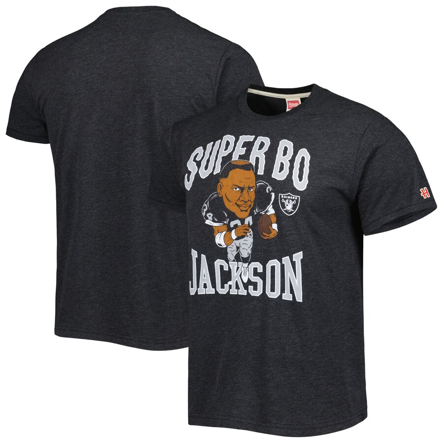 Men's Las Vegas Raiders Bo Jackson Homage Heathered Heather Black Caricature Retired Player Tri-Blend T-Shirt - ujerseystore