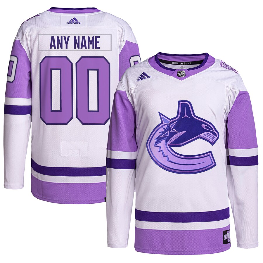 Men's Vancouver Canucks adidas White/Purple Hockey Fights Cancer Primegreen Authentic Custom Jersey - ujerseystore