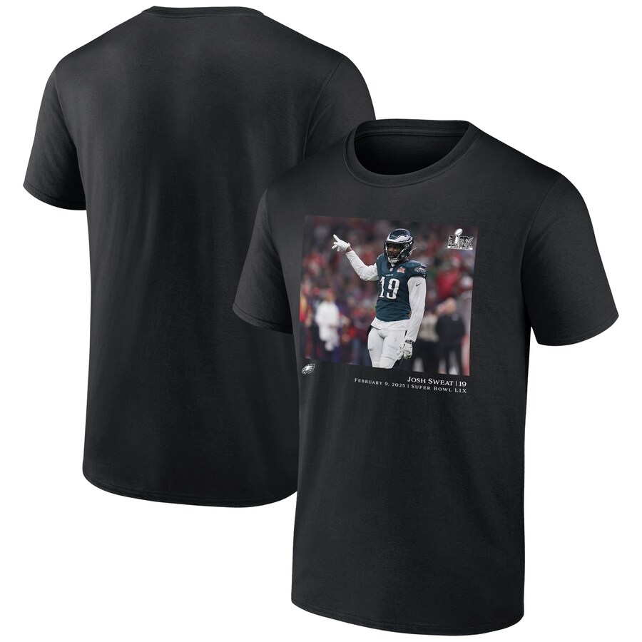 Men's Philadelphia Eagles Josh Sweat Black NFL Flash Features Super Bowl LIX Champions T-Shirt - ujerseystore