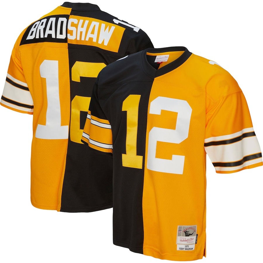 Men's Pittsburgh Steelers Terry Bradshaw Mitchell & Ness Black/Gold 1976 Split Legacy Replica Jersey - ujerseystore