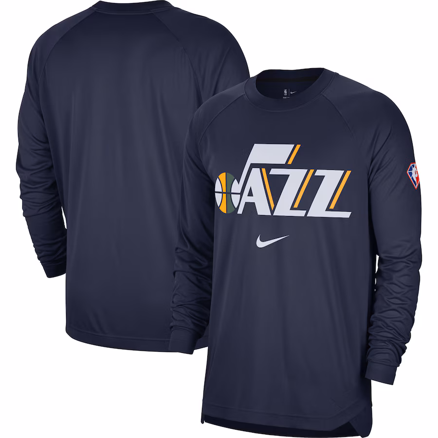 Men's Utah Jazz Nike Navy 75th Anniversary Pregame Shooting Performance Raglan Long Sleeve T-Shirt - ujerseystore