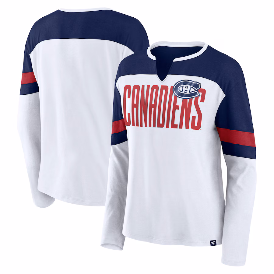 Women's Montreal Canadiens Fanatics White/Navy Frozen Long Sleeve Notch Neck T-Shirt - ujerseystore