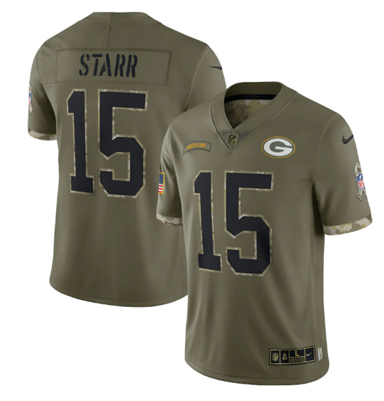 Men's Green Bay Packers #15 Bart Starr 2022 Olive Salute To Service Limited Stitched Jersey - ujerseystore