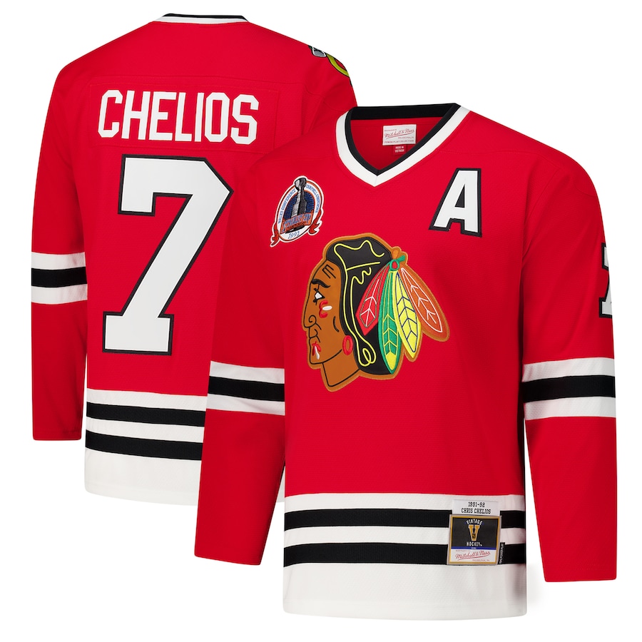 Men's Chicago Blackhawks Chris Chelios Red 1991-92 Power Play Jersey - ujerseystore