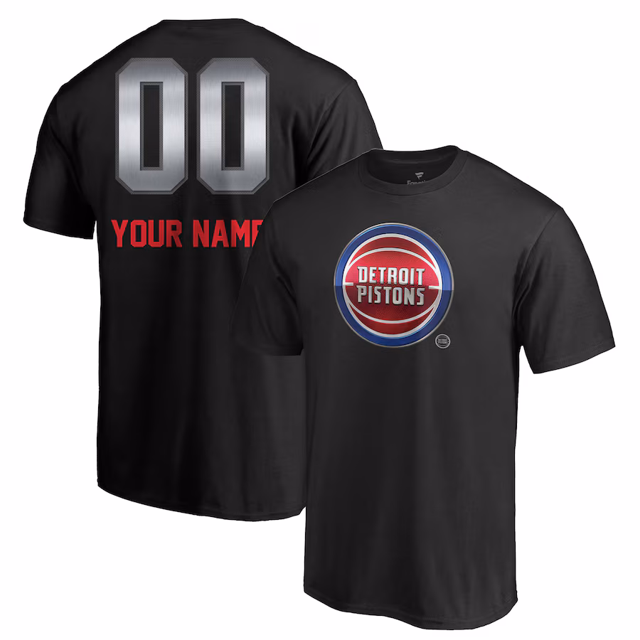 Men's Detroit Pistons Black Midnight Mascot Personalized Name & Number T-Shirt - ujerseystore