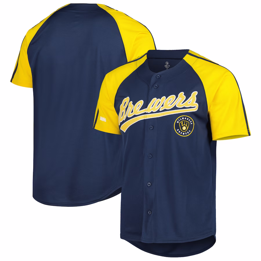 Men's Milwaukee Brewers Stitches Navy Button-Down Raglan Fashion Jersey - ujerseystore