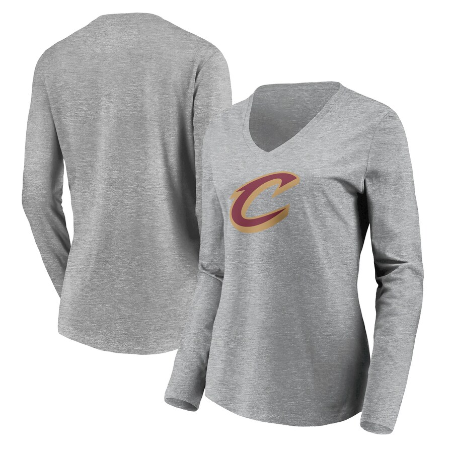 Women's Cleveland Cavaliers Heathered Gray Primary Logo Team Long Sleeve V-Neck T-Shirt - ujerseystore