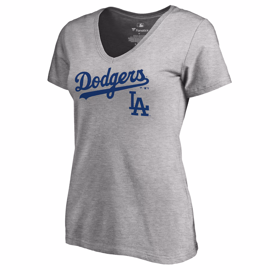 Women's Los Angeles Dodgers Ash Team Lockup T-Shirt - ujerseystore