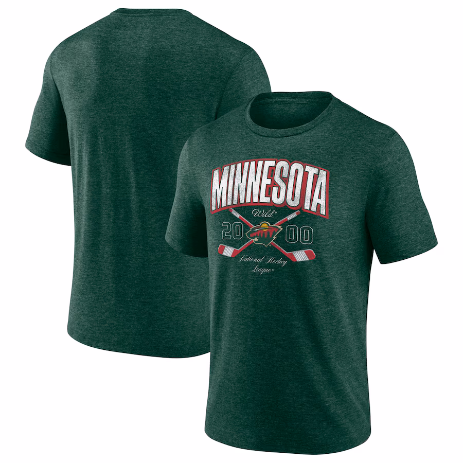 Men's Minnesota Wild Fanatics Heather Green Cross Sticks Tri-Blend T-Shirt - ujerseystore