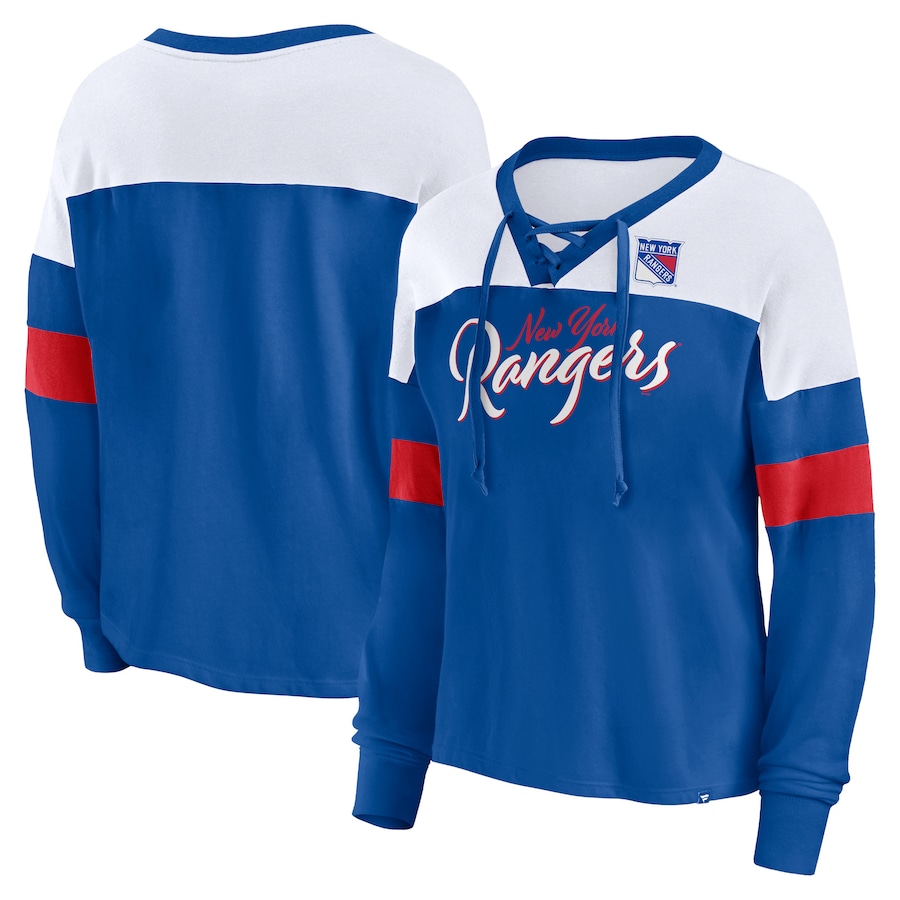 Women's New York Rangers Fanatics Blue Take the Shot Long Sleeve Lace-Up V-Neck T-Shirt - ujerseystore