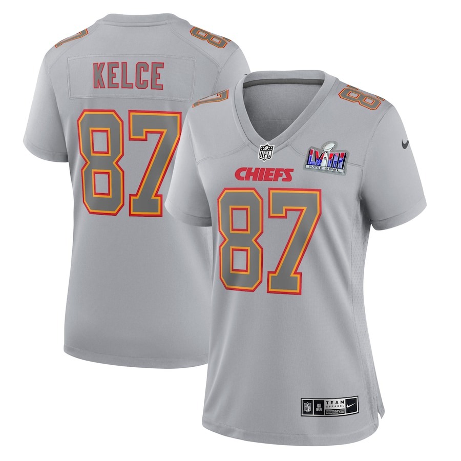 Women's Kansas City Chiefs Travis Kelce Nike Gray Super Bowl LVIII Atmosphere Fashion Game Jersey - ujerseystore