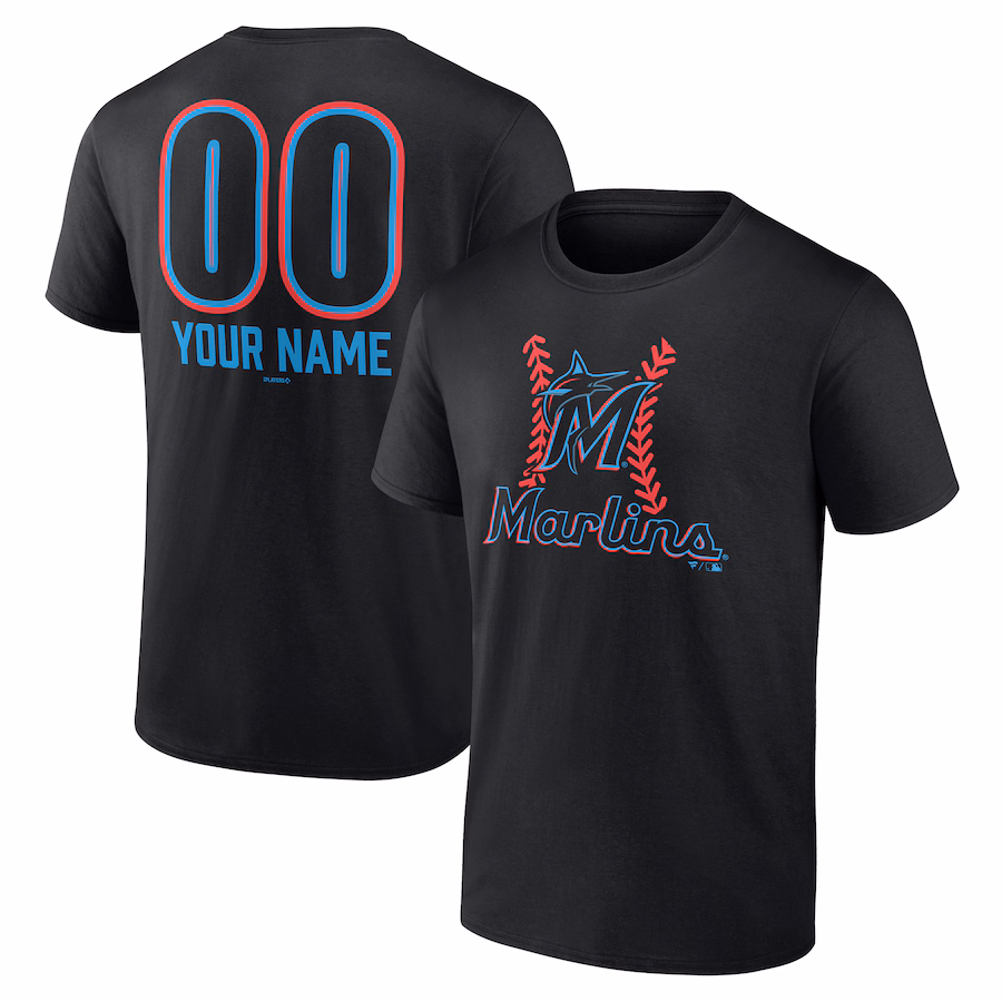 Men's Miami Marlins Black Personalized Name & Number Fastball T-Shirt - ujerseystore
