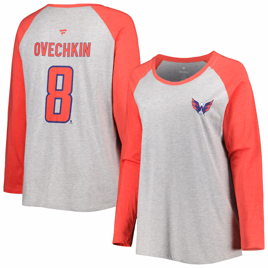 Women's Washington Capitals Alexander Ovechkin Fanatics Heather Gray/Heather Red Plus Size Name & Number Raglan Long Sleeve T-Shirt - ujerseystore
