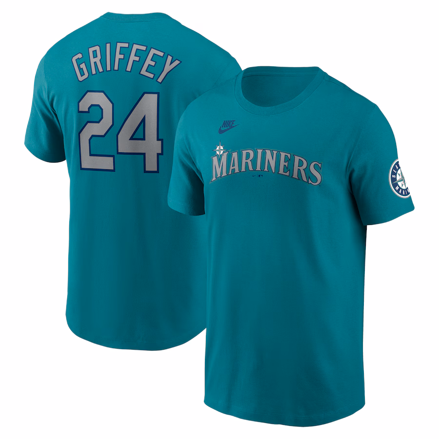 Men's Seattle Mariners Ken Griffey Jr. Nike Aqua Cooperstown Collection Name & Number T-Shirt - ujerseystore