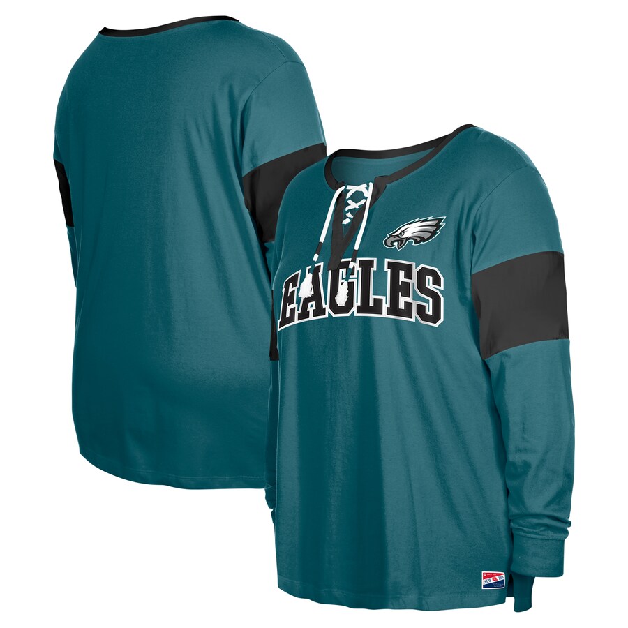 Women's Philadelphia Eagles New Era Midnight Green Plus Size Lace-Up Notch Neck Long Sleeve T-Shirt - ujerseystore