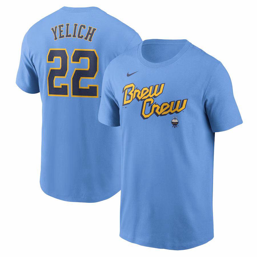 Men's Milwaukee Brewers Christian Yelich Nike Powder Blue City Connect Fuse Name & Number T-Shirt - ujerseystore