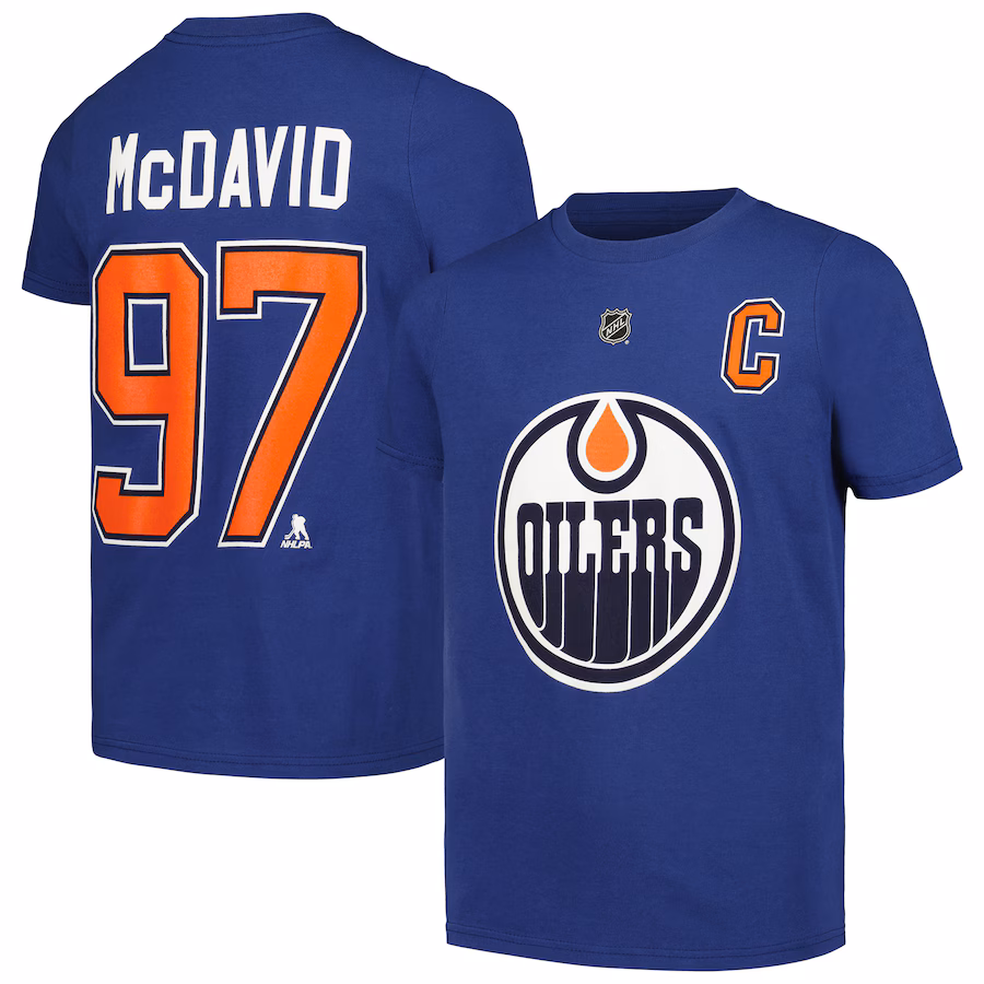 Youth Edmonton Oilers Connor McDavid Blue Captain Player Name & Number T-Shirt - ujerseystore