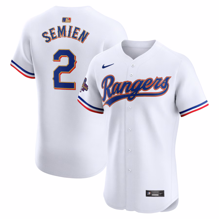 Men's Texas Rangers Marcus Semien Nike White 2024 Gold Collection Elite Player Jersey - ujerseystore