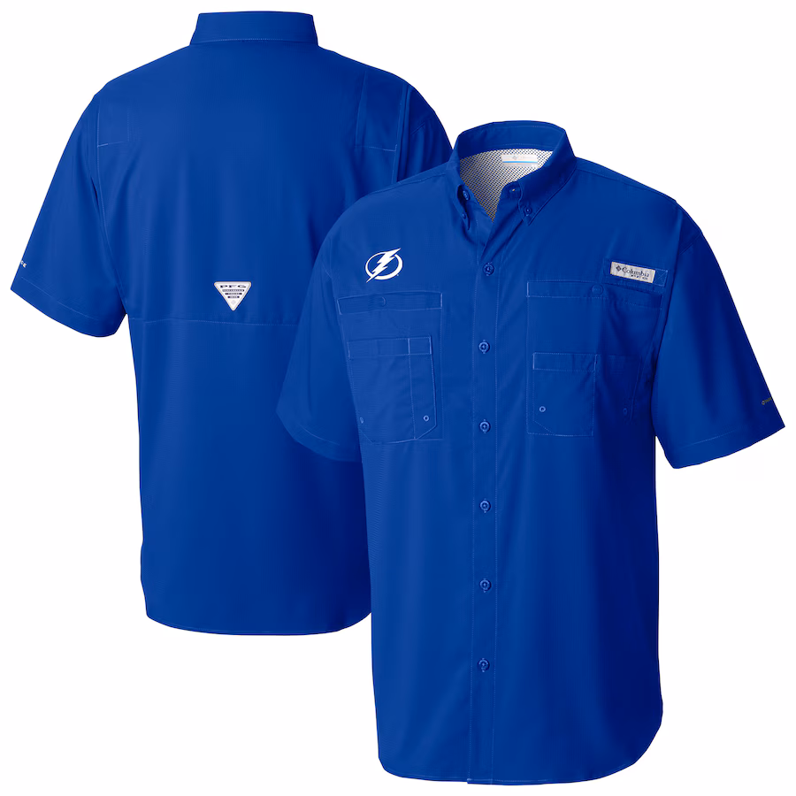 Men's Tampa Bay Lightning Columbia Blue Tamiami Short Sleeve Omni-Wick Button-Down Shirt - ujerseystore