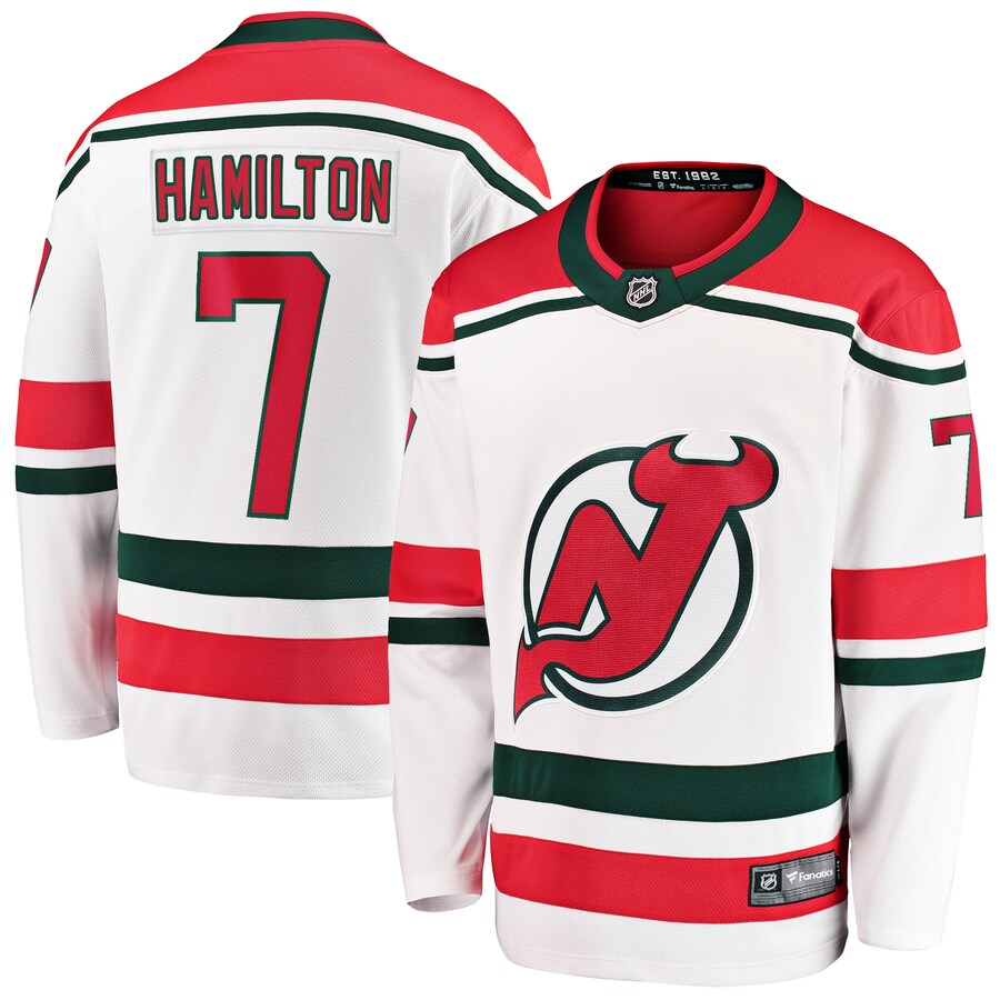 Men's New Jersey Devils Dougie Hamilton Fanatics Branded White 2022/23 Heritage Premier Breakaway Jersey - ujerseystore