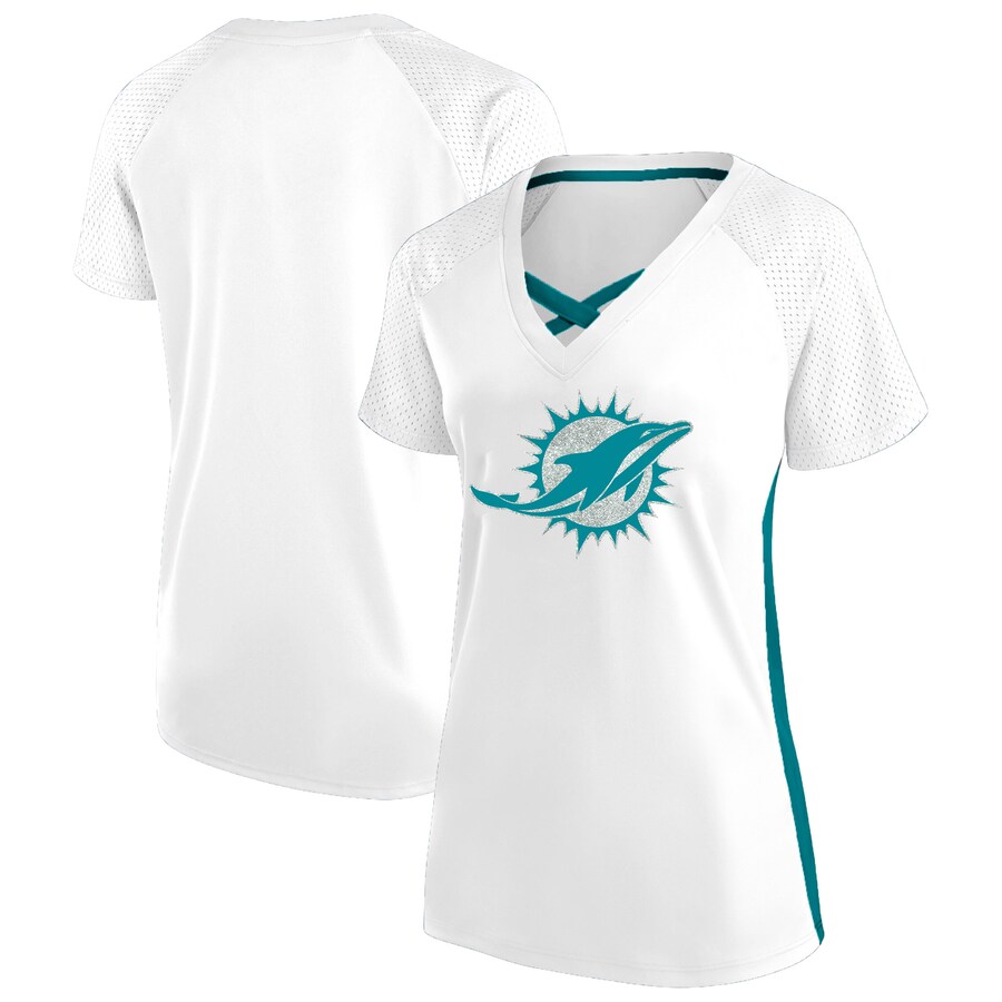 Women's Miami Dolphins Fanatics White Plus Size Glitter Lace-Up V- Neck T-Shirt - ujerseystore