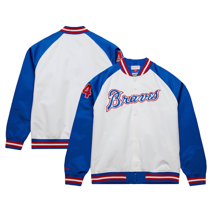 Men's Atlanta Braves Hank Aaron Mitchell & Ness White/Royal Cooperstown Collection Legends Lightweight Satin Raglan Full-Snap Jacket - ujerseystore