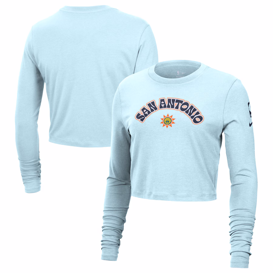Women's San Antonio Spurs Nike Light Blue 2024/25 City Edition Essential Logo Slim Fit Long Sleeve Cropped T-Shirt - ujerseystore