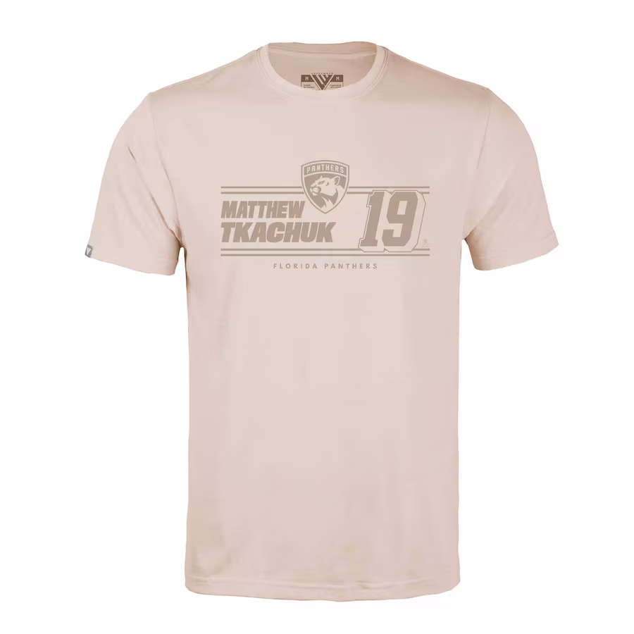 Men's Florida Panthers Matthew Tkachuk Levelwear Khaki Richmond Mileage Name & Number T-Shirt - ujerseystore
