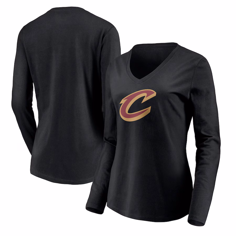 Women's Cleveland Cavaliers Black Primary Logo Team Long Sleeve V-Neck T-Shirt - ujerseystore