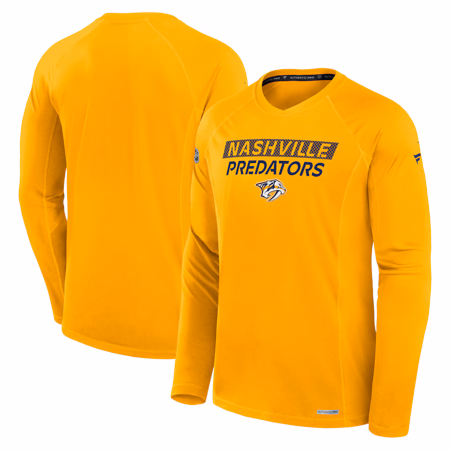 Men's Nashville Predators Fanatics Gold Authentic Pro Rink Tech Long Sleeve T-Shirt - ujerseystore