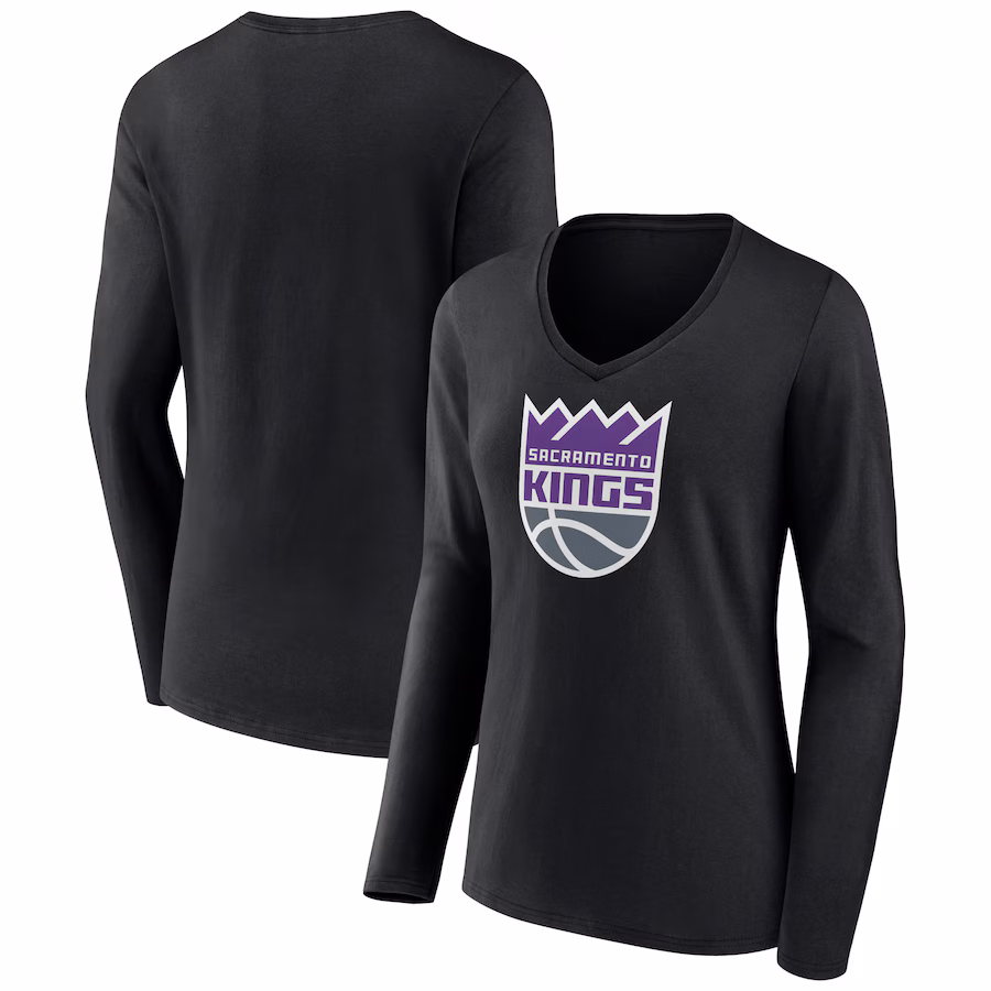 Women's Sacramento Kings Black Logo Long Sleeve V-Neck T-Shirt - ujerseystore
