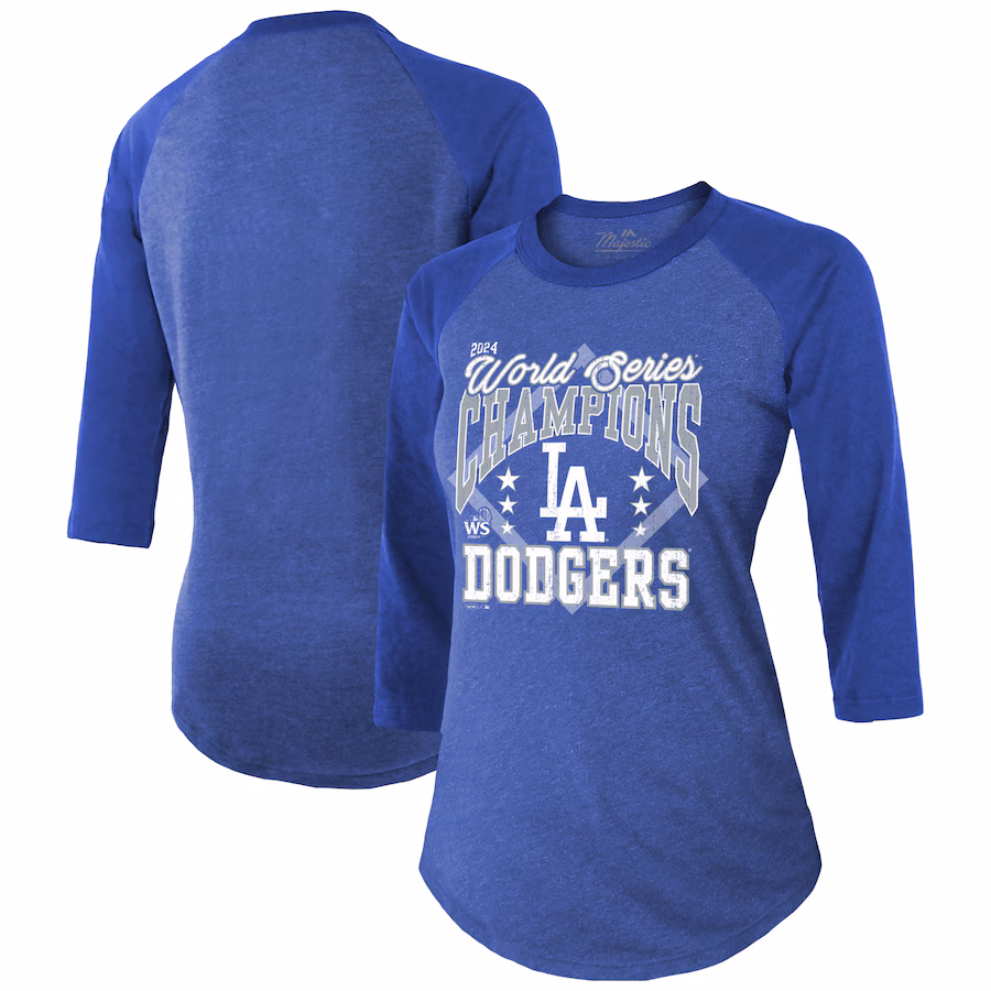 Women's Los Angeles Dodgers Majestic Threads Royal 2024 World Series Champions Tri-Blend 3/4-Sleeve Raglan T-Shirt - ujerseystore