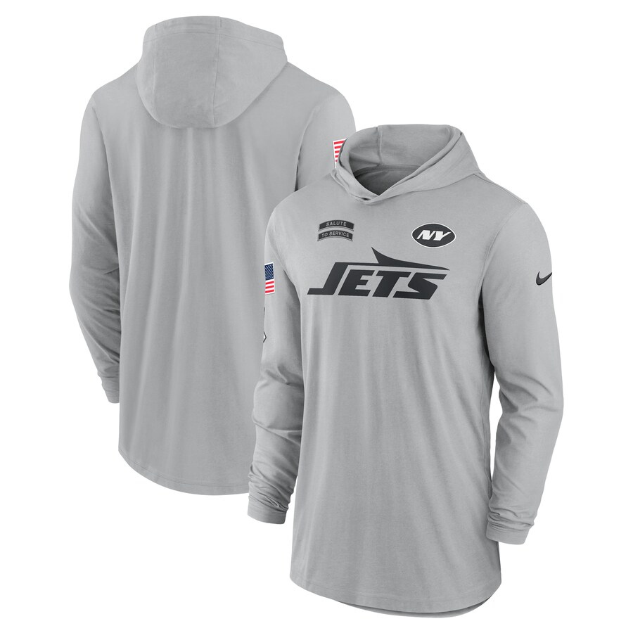Men's New York Jets Nike Gray 2024 Salute to Service Lightweight Performance Long Sleeve Hooded T-Shirt - ujerseystore