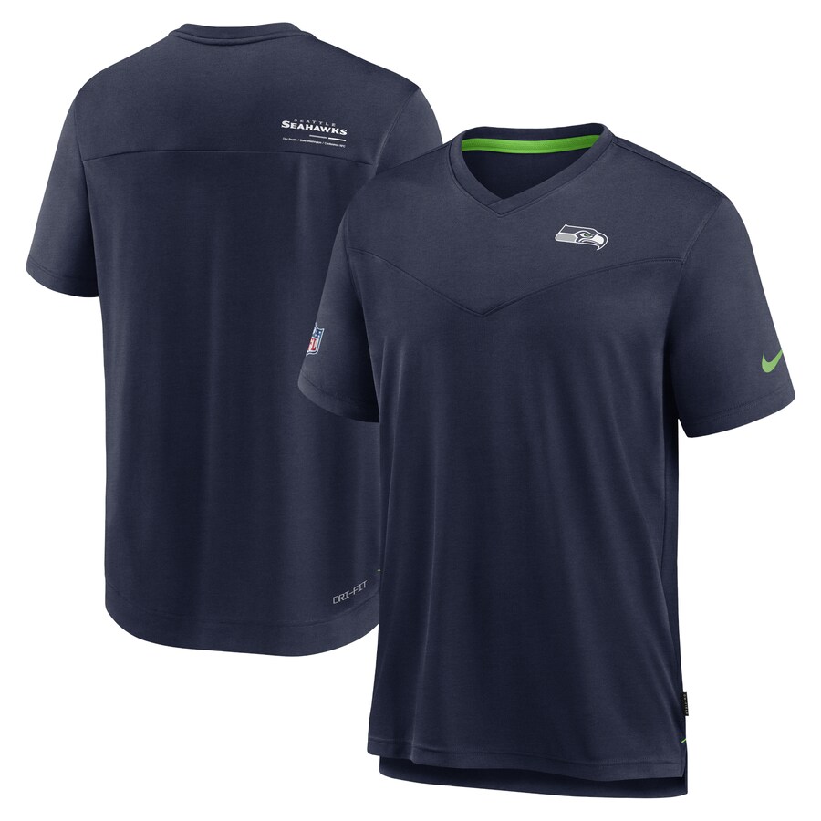 Men's Seattle Seahawks Nike Heather Navy Sideline Coach Chevron Lock Up Logo V-Neck Performance T-Shirt - ujerseystore
