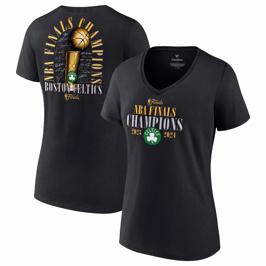 Women's Boston Celtics Fanatics Black 2024 NBA Finals Champions Fade Away Jumper Roster Signature V-Neck T-Shirt - ujerseystore
