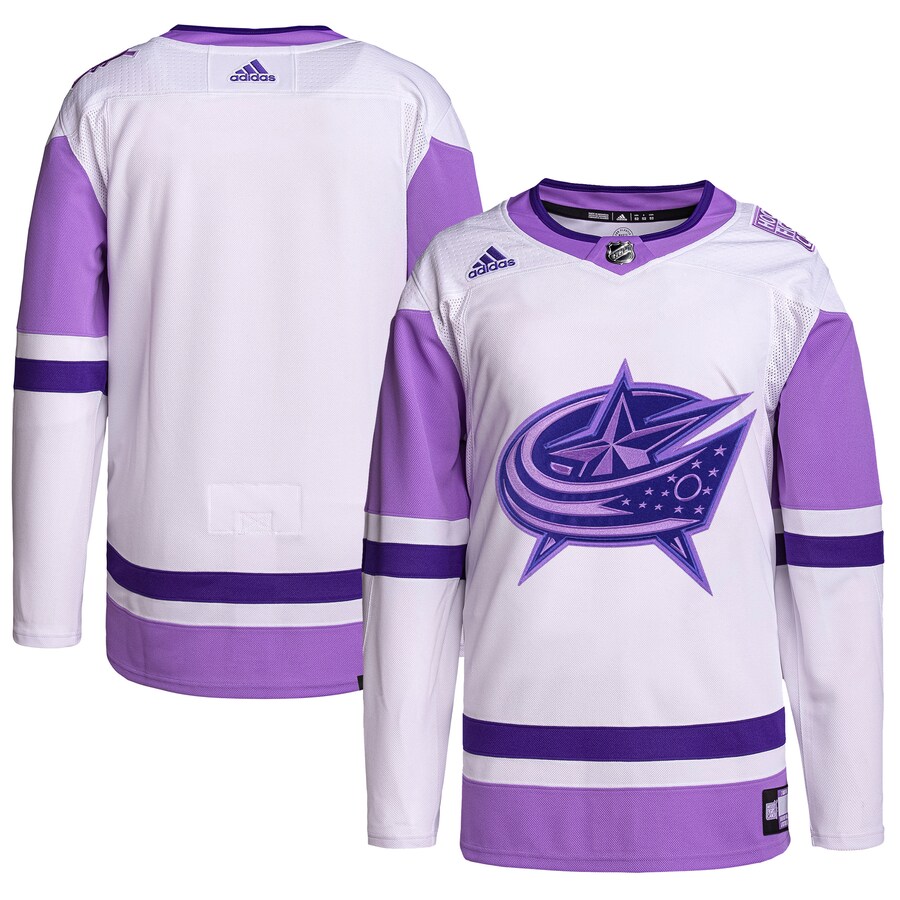 Men's Columbus Blue Jackets adidas White/Purple Hockey Fights Cancer Primegreen Authentic Blank Practice Jersey - ujerseystore