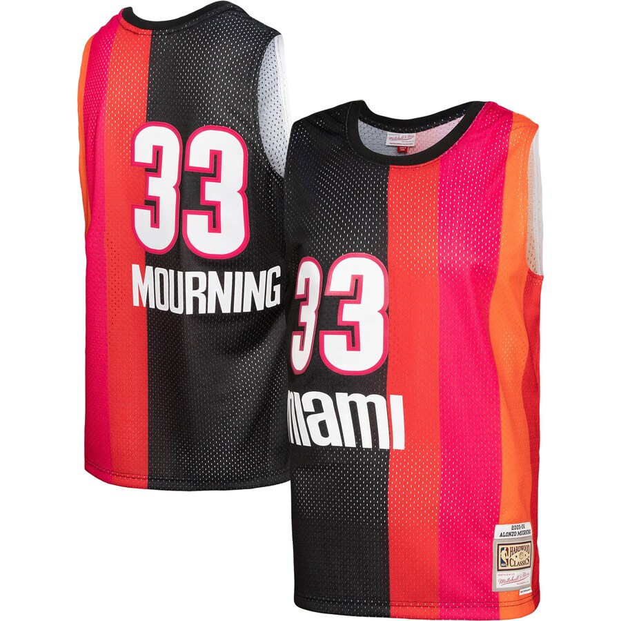 Men's Miami Heat Alonzo Mourning Mitchell & Ness Black/Red Hardwood Classics 2005/06 Split Swingman Jersey - ujerseystore