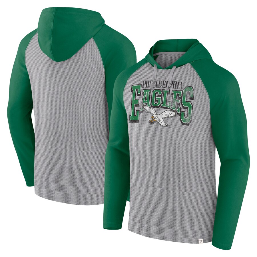 Men's Philadelphia Eagles Fanatics Gray/Kelly Green Under Center Long Sleeve Hoodie T-Shirt - ujerseystore