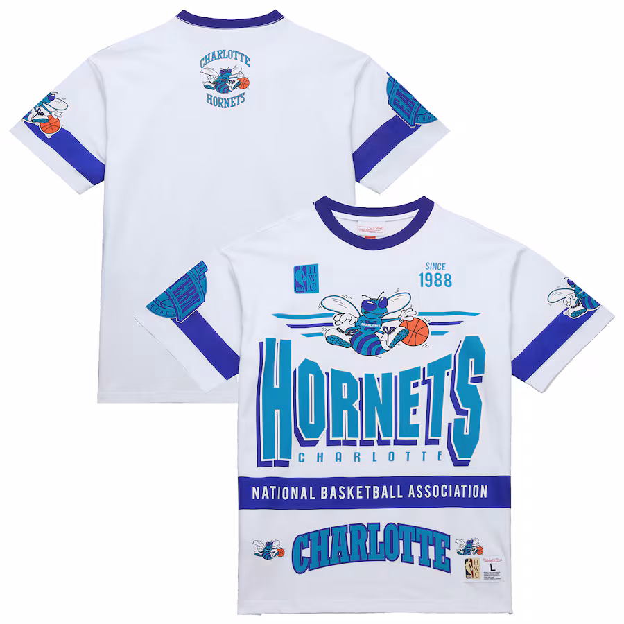 Unisex Charlotte Hornets  Mitchell & Ness White Hardwood Classics Vintage Team Origins Premium T-Shirt - ujerseystore