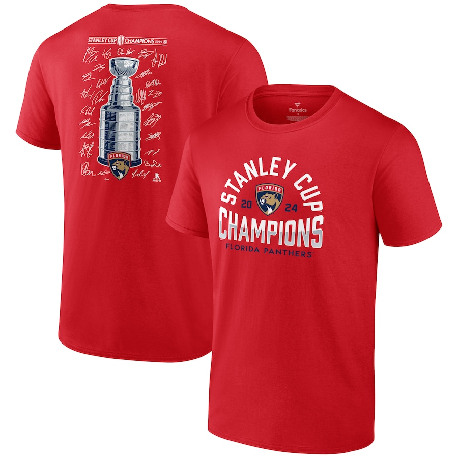 Men's Florida Panthers Fanatics Red 2024 Stanley Cup Champions Signature Roster T-Shirt - ujerseystore