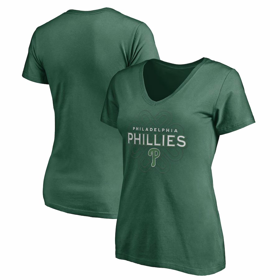 Women's Philadelphia Phillies Green Team Logo Celtic Knot V-Neck T-Shirt - ujerseystore