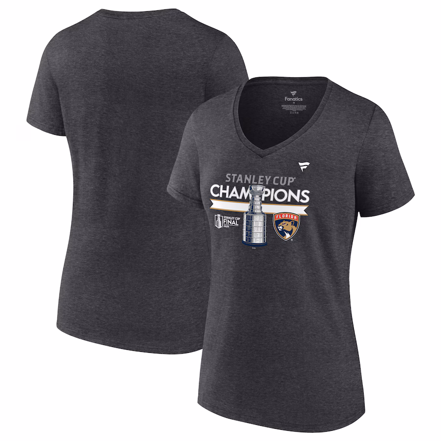 Women's Florida Panthers Fanatics Heather Charcoal 2024 Stanley Cup Champions Locker Room V-Neck T-Shirt - ujerseystore