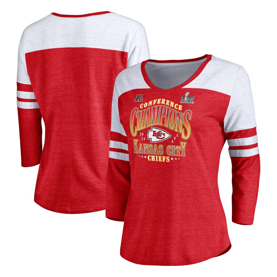 Women's Kansas City Chiefs Fanatics Heather Red 2024 AFC Champions Tri-Blend 3/4 Sleeve V-Neck T-Shirt - ujerseystore
