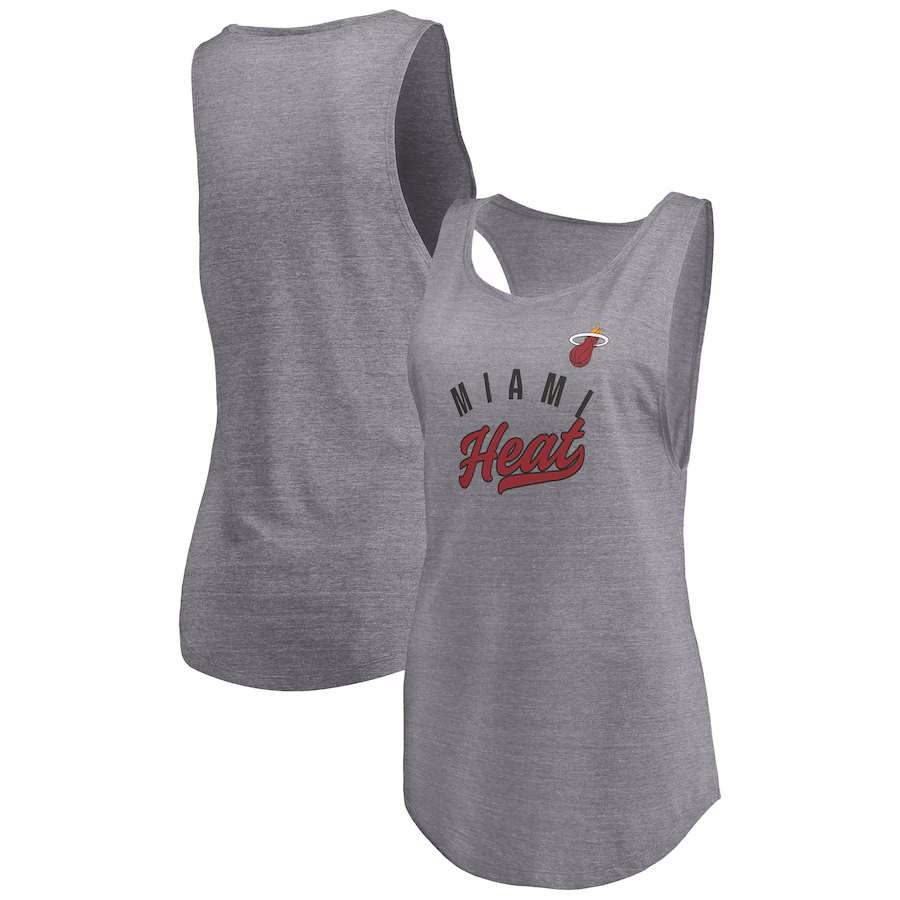 Women's Miami Heat Fanatics Heathered Gray Quality Time Open Scoop Neck Tri-Blend Tank Top - ujerseystore